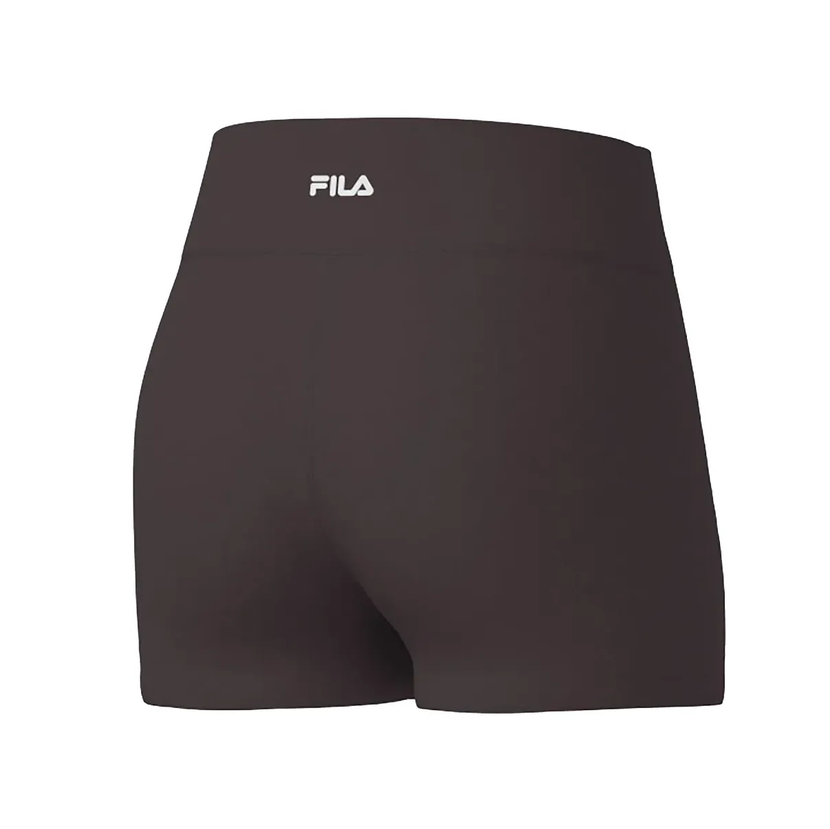 Shorts feminino Fila chocolate em ângulo lateral destacando costura flat e cintura alta